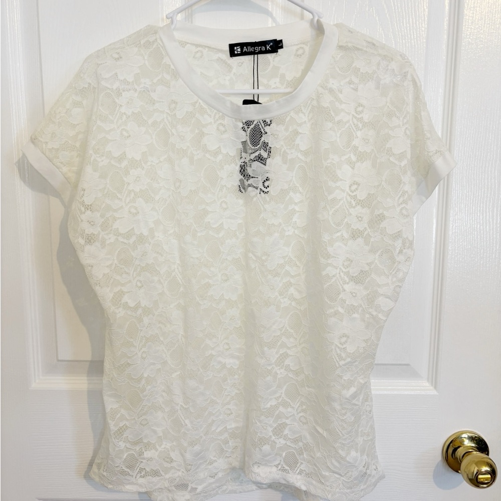 Allegra K White Lace Short Sleeve Top